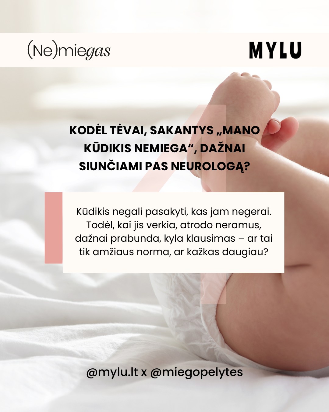 NEUROLOGĖ APIE MIEGĄ. Kai sakome „kūdikis nemiega“, dažnai lyginame jį su… suaugusiuoju. O čia ir prasideda visas chaosas. 🙂
👩⚕️Vaikų neurologės, socialinės pediatrės Karolinos Liaušienės požiūriu, kūdikio miegas nėra „netvarkingas" – jis tiesiog nebrandus. Daug judesio, trumpi ciklai, dažni prabudimai nėra ženklas, kad „kažkas negerai“. Dažniausiai tai tik rodo, kad smegenys dar mokosi miegoti.
🤷♀️Todėl neurologo konsultacijose dažnai paaiškėja ne miego trūkumas, o… per aukšti lūkesčiai.
Kai suskaičiuojamas visas paros miegas (taip, ir tas, kur „ant rankų“, ir tas „žindant“), vaizdas pasidaro dauuug ramesnis.
Trumpai?
👉 Daug prabudimų ≠ blogas miegas
👉 „Nemiega“ dažnai reiškia „miega ne taip, kaip tikėjomės“
Ir tai – ne problema. Tai biologija! 🧠💤
Daugiau apie mažylių miegą iš neurologės pozicijos skaitykite mylu.lt straipsnyje „Kūdikio miegas neurologo akimis: kas normalu, o kada verta sunerimti“.
O jei norisi geresnio supratimo, kas yra būdinga naujagimio miegui pirmais 4 gyvenimo mėnesiais, verta peržiūrėti seminarą „Pirmųjų mėnesių kūdikio miegas (0-4 mėn.)“, kurį taip pat rasite www.mylu.lt (ar per nuorodą bio).
- Dovilė 🤍
⠀
#miegopelytes #miegopelytės #neurologėapiemiegą #neurologe #motinyste #naujagimis #naujagimiomiegas #kudikiomiegas #dienotvarkė #tėvystė #motinystė #vaikas #kūdikis #miegas #kūdikiomiegas #miegopokyčiai