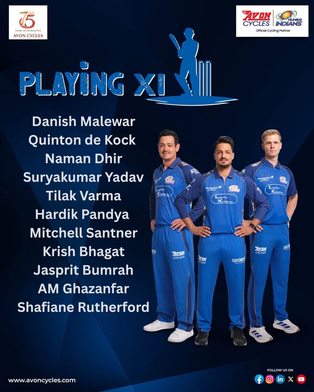 11 ready. One mission 💙 #MumbaiIndians #MI #PlayingXI #MatchDay #BleedBlue