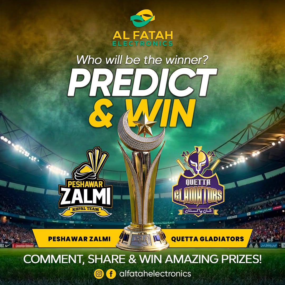 Your guess. Your glory. It’s game time! Peshawar Zalmi vs Quetta Gladiators, who will dominate the pitch today? Make your prediction, comment below, and win amazing prizes with Al Fatah Electronics.