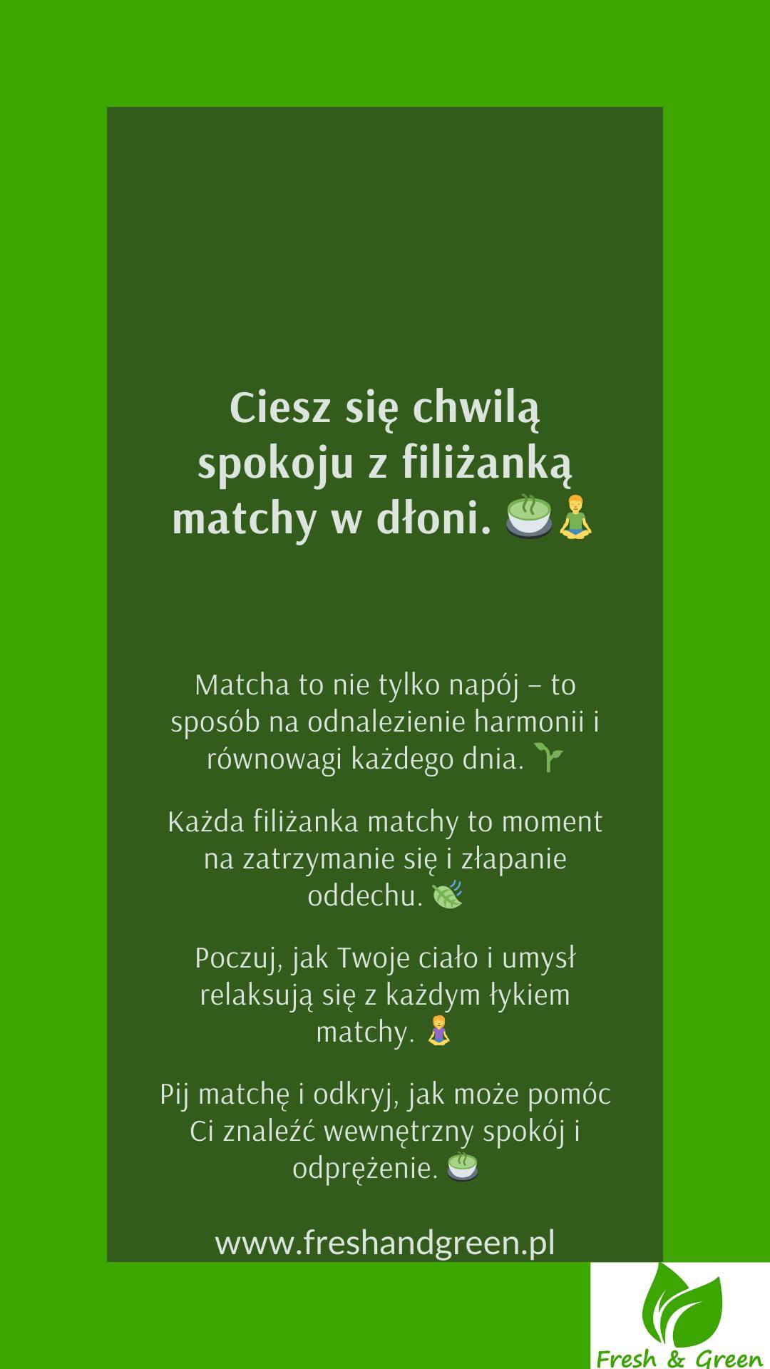 CIESZ SIĘ CHWILĄ SPOKOJU Z FILIŻANKĄ MATCHY W DŁONI.
Matcha to nie tylko napój – to sposób na odnalezienie harmonii i równowagi każdego dnia. 🌱
Każda filiżanka matchy to moment na zatrzymanie się i złapanie oddechu. 🍃
Poczuj, jak Twoje ciało i umysł relaksują się z każdym łykiem matchy. 🧘♀️
Pij matchę i odkryj, jak może pomóc ci znaleźć wewnętrzny spokój i odprężenie. 🍵#freshandgreen #matcha #zdrowie #harmonia #wellnessSprawdź nasze profile:
Instagram: https://www.instagram.com/freshandgreen1/
Facebook: https://www.facebook.com/freshgreentea/
YouTube: https://www.youtube.com/@freshandgreen1
Nasza strona internetowa: https://www.freshandgreen.pl