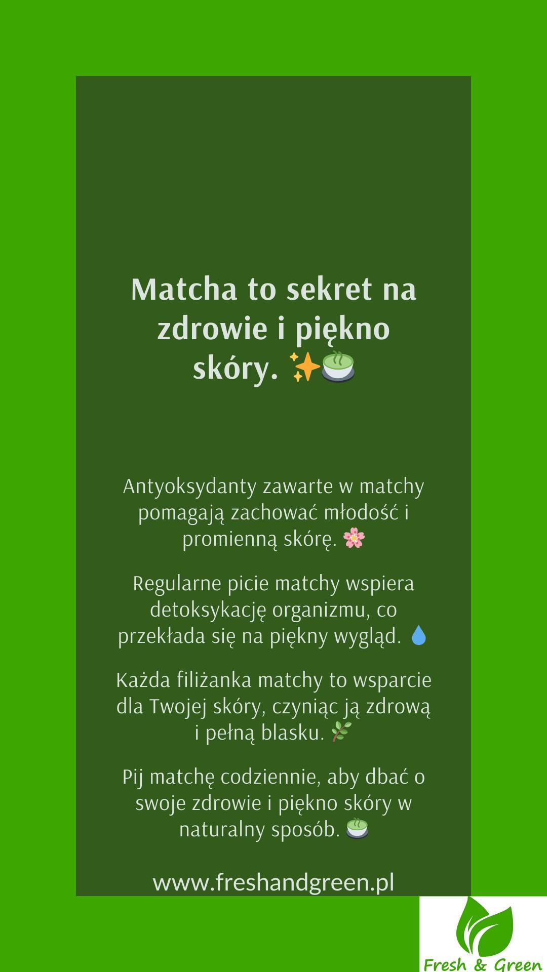 MATCHA TO SEKRET NA ZDROWIE I PIĘKNO SKÓRY.
Antyoksydanty zawarte w matchy pomagają zachować młodość i promienną skórę. 🌸
Regularne picie matchy wspiera detoksykację organizmu, co przekłada się na piękny wygląd. 💧
Każda filiżanka matchy to wsparcie dla Twojej skóry, czyniąc ją zdrową i pełną blasku. 🌿
Pij matchę codziennie, aby dbać o swoje zdrowie i piękno skóry w naturalny sposób. 🍵#freshandgreen #matcha #zdrowie #harmonia #wellnessSprawdź nasze profile:
Instagram: https://www.instagram.com/freshandgreen1/
Facebook: https://www.facebook.com/freshgreentea/
YouTube: https://www.youtube.com/@freshandgreen1
Nasza strona internetowa: https://www.freshandgreen.pl